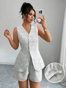 SHEIN Frenchy 2pcs Women Summer White Elegant Office Basic Plaid Jacket And Shorts Set,Sleeveless V-Neck Tweed Back Bow Waist Tops,Autumn Commuter Fashion Check - Black - View 5