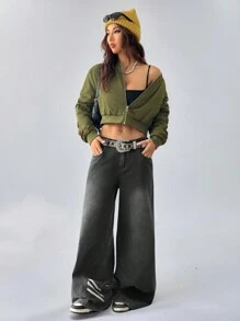 SHEIN EZwear Winter Cargo Athleisure Game Day Graphics Keep Warm Zip Up Army Green Loose Quilted Jacket, Bomberjack Dames