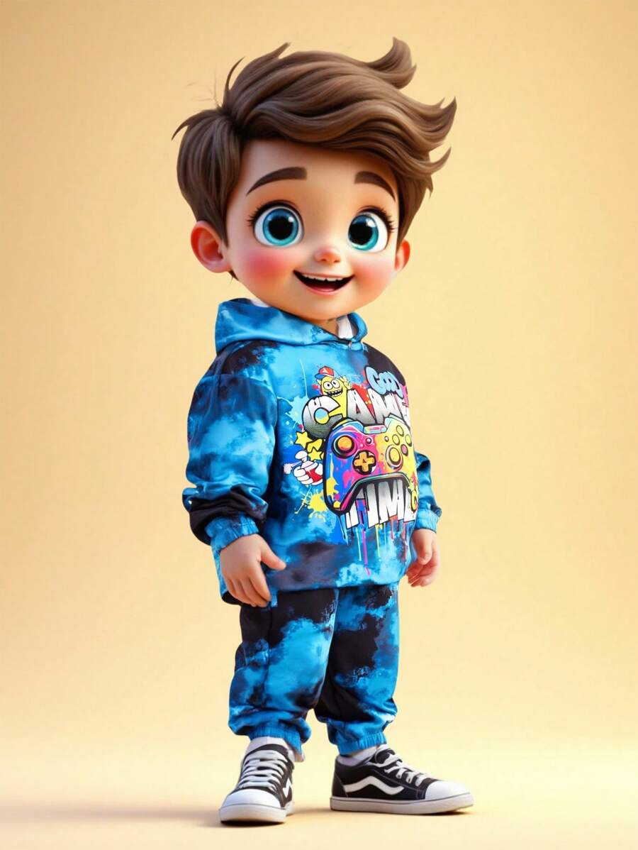 SHEIN Leap Crew Bộ 2 áo hoodie in hình trò chơi nhuộm loang lổ cho bé trai tuổi teen và quần chạy bộ dáng rộng thoải mái, thích hợp mặc khi đi làm, đi học, hàng ngày, nghỉ mát, thể thao, mùa xuân/hè/thu/đông - Nhiều màu - Xem 1