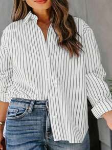 INAWLY 大码休闲条纹长袖衬衫，春秋 - 白色 - 查看 1
