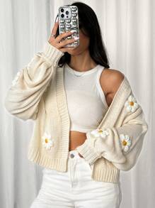 Comfortcana Spring/Fall Casual 3D Flower Decor Lantern Sleeve Cardigan - Apricot - View 8