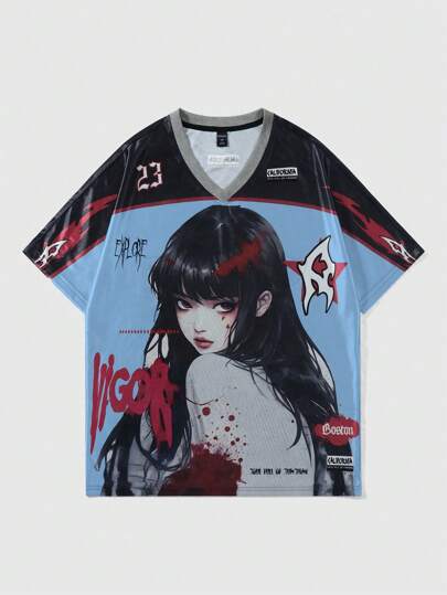 Men's Anime Print Short Sleeve Football Jersey Style T-Shirt, Suitable For Spring/Summer