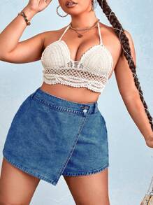 SHEIN CURVE+ Plus Size Casual Washed Wrap Denim Shorts - Medium Wash - View 6