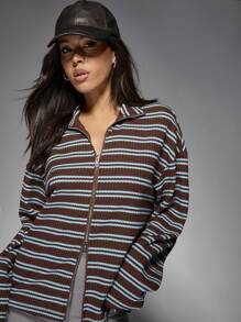 MISSGUIDED 设计师拉链前罗纹针织条纹毛衣夹克舒适宽松轻便半拉链套头衫秋冬休闲外套 - 彩色 - 查看 3