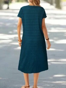 EMERY ROSE 女士纯色缺口领中长休闲度假连衣裙 - 藍色 - 查看 2