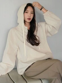 DAZY 女式宽松简约连帽长袖大口袋连帽衫，秋季女装运动衫 - 米色 - 查看 6