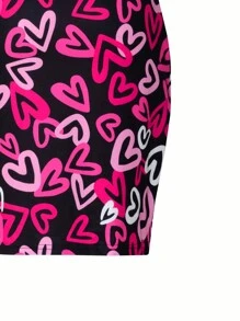 Tween Girls Pink With Black Full Heart & Letter Print Elastic Fitted Cami Dress Outfit, Lively And Cute Design For School, Outings, Party, All Seasons