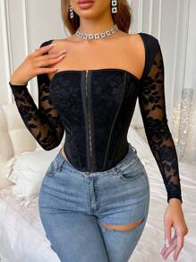 Chiquease Blouse femme à manches longues, patchwork, floral, sexy et en dentelle