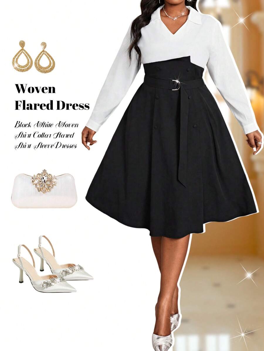 Fleurora Spring And Summer Autumn And Winter Elegant Casual Commuting Office Black White Woven Shirt Collar Flared Shirt Sleeve Plus Size Dresses Flared Set