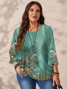 EMERY ROSE Plus Size Women's Casual All-Over Print Round Neck Loose 3/4 Sleeve Blouse - Green - View 4