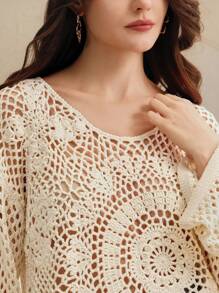 Anewsta Suéter de punto holgado de manga larga con diseño de recorte floral, elegante para ir al trabajo, salidas casuales y vacaciones en primavera/verano. Suéter de punto de otoño e invierno - Blanco - Ver 2