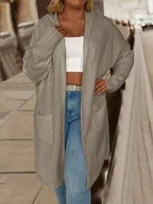 Calvaya Plus Size Open Front Long Sleeve Plain Pocket Hoodie Jacket, Casual Everyday Wear