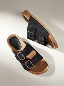 Solecia Sandalias planas negras casuales con hebilla cuadrada de metal, ideales para vacaciones - Negro - Ver 3
