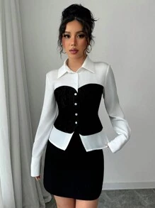 Elenzga Women Casual Elegant Office Wear 2 In 1 Satin Faux Pearl Velvet Silver Line Splicing Waist Fitted Long Sleeve Blouse