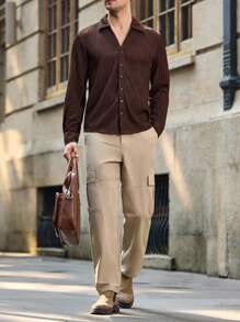 Manfinity Basics Áo sơ mi dài tay cổ bẻ dệt kim Jacquard thường ngày cho nam, phù hợp cho mùa thu - màu nâu - Xem 3