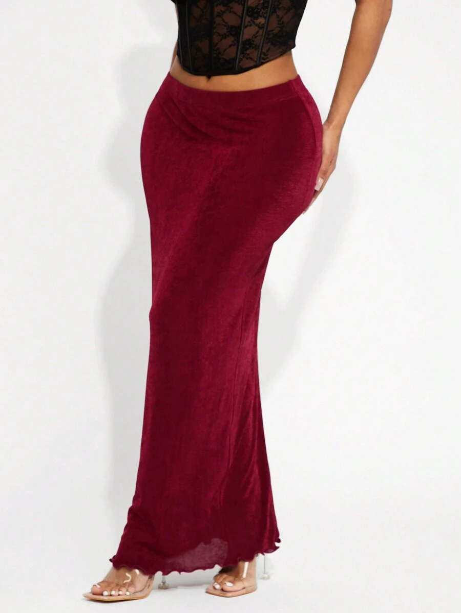 SHEIN SXY Casual Minimalist Versatile Angora Color Low Waist Skirt - Burgundy - View 1