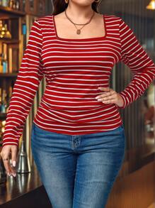 SHEIN LUNE Áo thun nam cổ vuông in họa tiết sọc nhún eo thời trang thể thao co giãn thoải mái cho mùa xuân thu đông cỡ lớn ngày lễ đêm giao thừa dành cho nữ - Đỏ - Xem 6