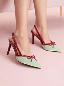 CUCCOO DOLLMOD Red & Green Color Block Pointed Toe Stilettos, Elegant Sweet Princess Lady Classic Vintage Color Contrast Red Bow Patchwork Green Satin Women's Mule Party Dress Shoes, St. Patrick's Day Valentines