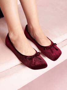 CUCCOO DOLLMOD Plus Size Rhombic Toe Flat Burgundy Red Suede Bow Decor Cute Flat Shoes, Minimalist Style For Women, Autumn/Winter New Year Holiday Valentines