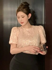 DAZY 女士亮片装饰泡泡袖圆领衬衫，适合度假和约会的闪亮上衣 - 粉色 - 查看 3