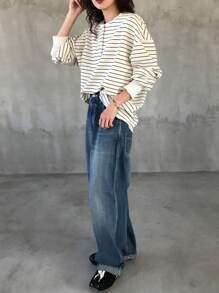 FRIFUL Women's Loose Fit Drop Shoulder Long Sleeve Striped T-Shirt, Autumn