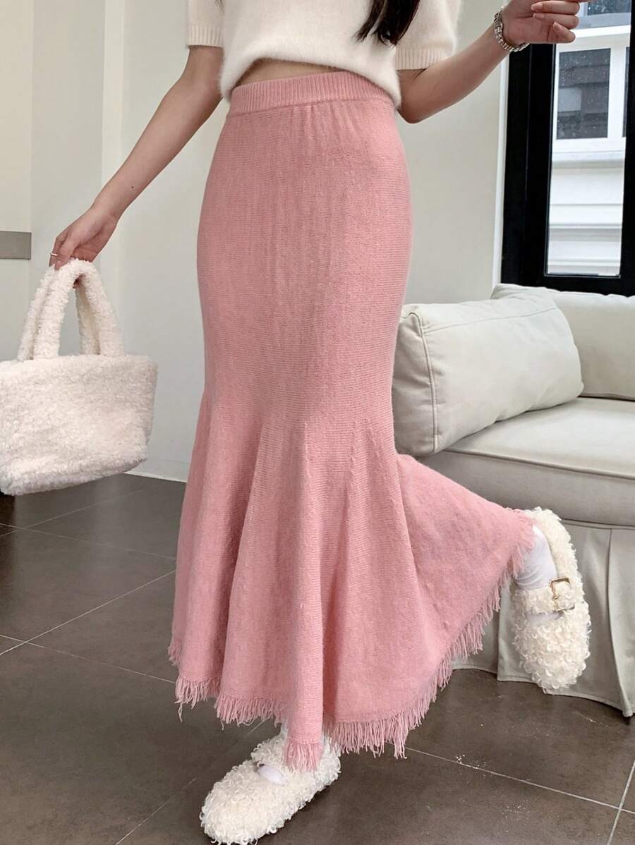 INAWLY 女士纯色美人鱼下摆优雅毛衣裙，秋冬款 - 粉色 - 查看 1