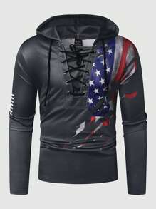 Manfinity LEGND Men American Flag Printed Long Sleeve Hooded Sweatshirt, Casual For Autumn/Winter