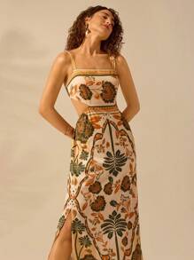 CAJUNI 女士波西米亚风热带植物印花露背系带连衣裙，度假休闲夏季连衣裙 - 彩色 - 查看 5