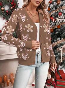Chiquease Christmas Elk & Snowflake Pattern Button Front Cardigan For New Year Clothes - Coffee Brown - View 7