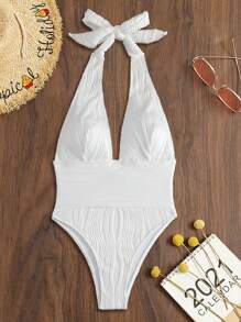 Swim Chiccia Summer White Knitted Jacquard V-Neck Elegant Style Women One-Piece Swimsuit