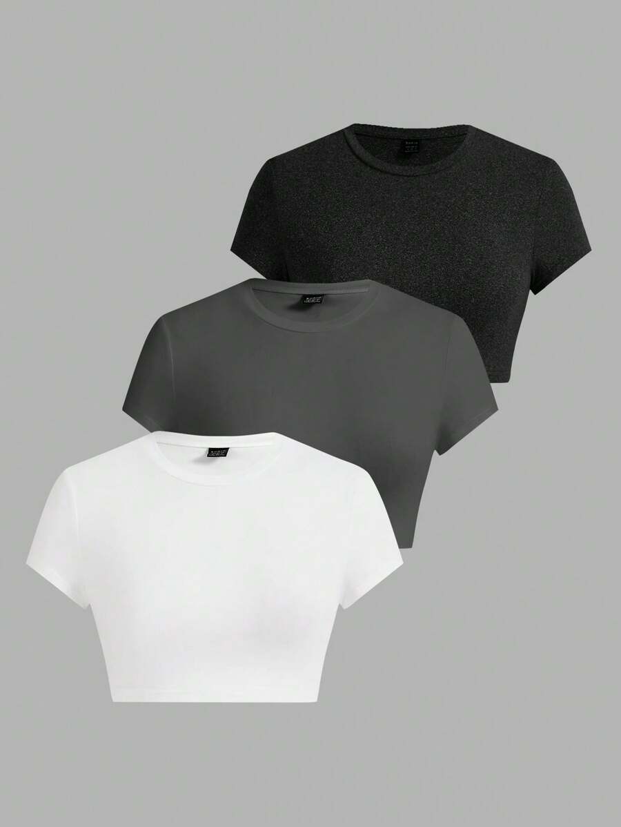 SHEIN EZwear Bộ 3 Áo thun cổ tròn tay ngắn cho nữ, màu đen, trắng, xám đậm, thích hợp cho mùa hè - Nhiều màu - Xem 1