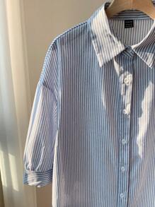 SHEIN EZwear 女士條紋單排釦休閒中袖襯衫 - 藍色 - 查看 5
