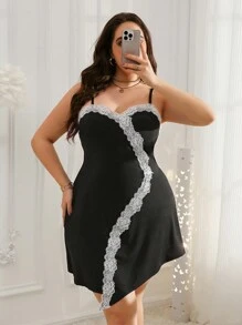 Plus Size Contrast Color Lace Trim Slip Dress