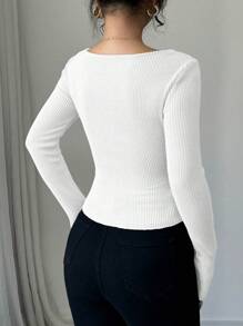 Elenzga Autumn/Winter Color Block Crew Neck Long Sleeve Asymmetrical Hem Tight Fit Fleece T-Shirt - White - View 2