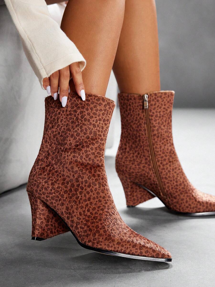 CUCCOO SZL Women's Pointed Toe Chunky Heel Sexy Stylish Versatile High Quality Design Leopard Print Party Snake Pattern Short Boots, Fashion Mid-Calf Boots - Multicolor - View 1