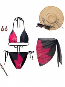 Swim Vcay Summer 3pcs/Set Women's Floral Print Bikini For Beach Vacation