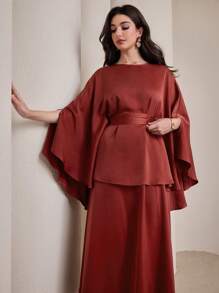Graceveil Elegant Satin Collar Cape-Style Arabian Dress For Women, Spring/Summer Modest - Rust Brown - View 1