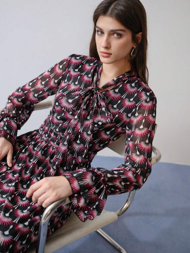 MOTF STUDIO VESTIDO DE MANGA LONGA COM BABADO ESTAMPADO TOTAL, VESTIDO LONGO, DIA DOS NAMORADOS