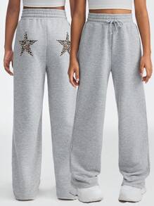 SHEIN Tween Girls  Sportswear Knit Leopard Comfortable Grey Wide Leg Sweatpants,Party /  New Year Eve / Streetwear,Mom And Daughter Outfits - Grey - View 1