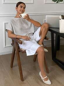 DAZY Women's Casual Linen Blouse With Open Back And Short Sleeves - Grey - View 5