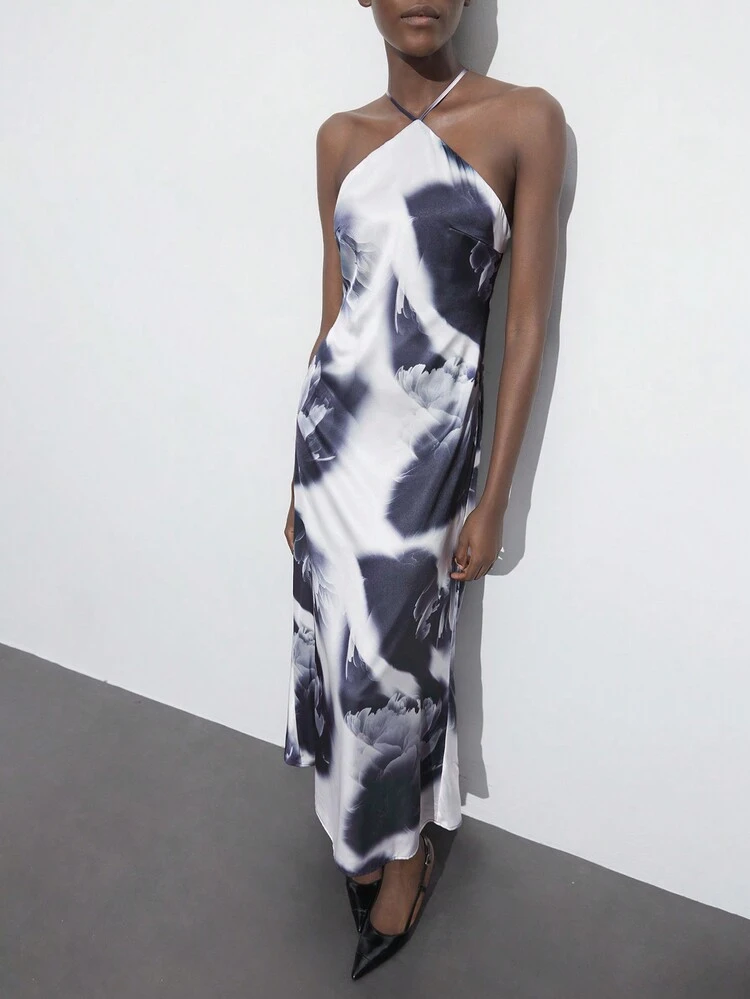 SHEIN Maija Women's Tie Dye Print Sexy Criss-Cross Backless Dress, Fashion Long Holiday Party Dress For Early Spring Festival