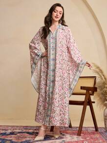Al Najma Women's Floral Geometric Print Flared Sleeve Turkish & Arabian Traditional Dress, Modest Kaftan - Multicolor - View 5