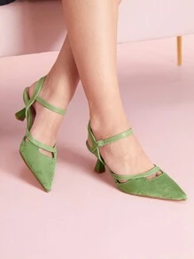 CUCCOO DOLLMOD Oriental Style Retro Floral Graphic Hollow Design Women's Pointed Toe Stiletto Heel Mid-Heel Pumps, Elegant Commuter Classic Vintage Personalized Green Satin Faux Leather, Suitable For Office, Dating, Formal Occasions, Banquet For Christmas And New Year Holiday Vibe Fall And Winter - Green - View 3