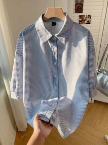 SHEIN EZwear 女士條紋單排釦休閒中袖襯衫 - 藍色 - 查看 6