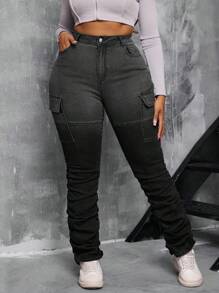 SHEIN SXY Pantalones de tiro alto de mujer de talla grande en denim con efecto ombré - Negro - Ver 4