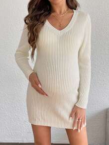 SHEIN Pregnant Women Solid Color Fitted Mini Sweater Dress, Casual Autumn/Winter