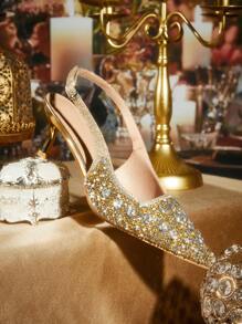 CUCCOO TILAWA Women's Gold Crystal Rhinestone Pointed Toe Hollow High Heel Wedding Sandals