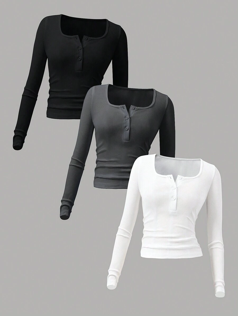 SHEIN 少女纽扣半襟长袖圆领 T 恤，舒适百搭，非常适合秋冬休闲穿着