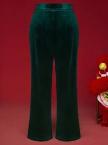 SHEIN LUNE Pantalon décontracté couleur unie avec nœud à la taille, pour un port quotidien, grande taille - Vert sapin - Voir 2