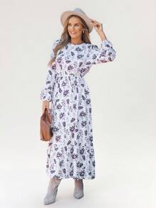 SHEIN LUNE Women's Crew Neck Long Sleeve Floral Print Elastic Waist Dress,Vacation Dresses
